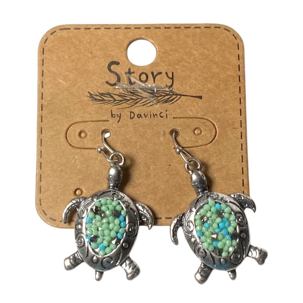 Story by Davinci Pierced Earrings Turtle Silver Tone Green Dangle Jewelry New